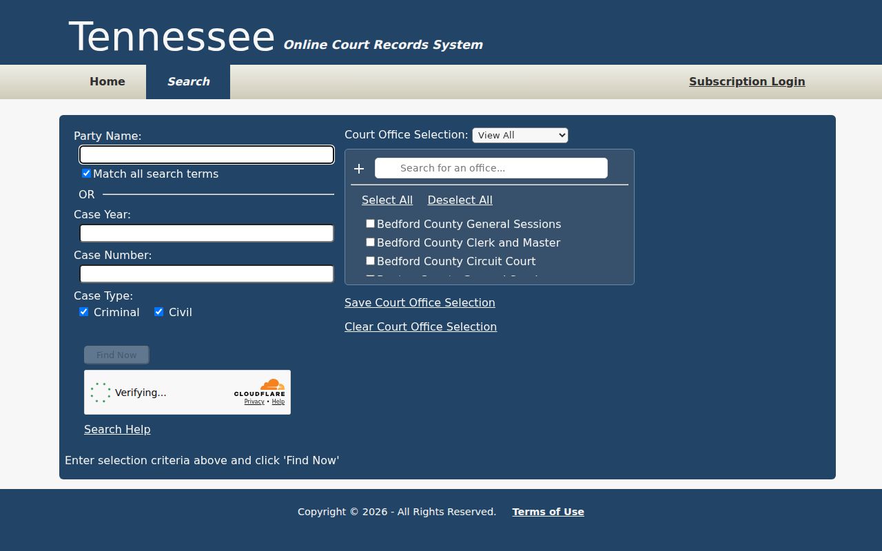 Tennessee TnCIS multi-office case search screen