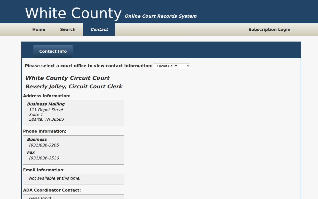 White County TnCIS clerk contact screen