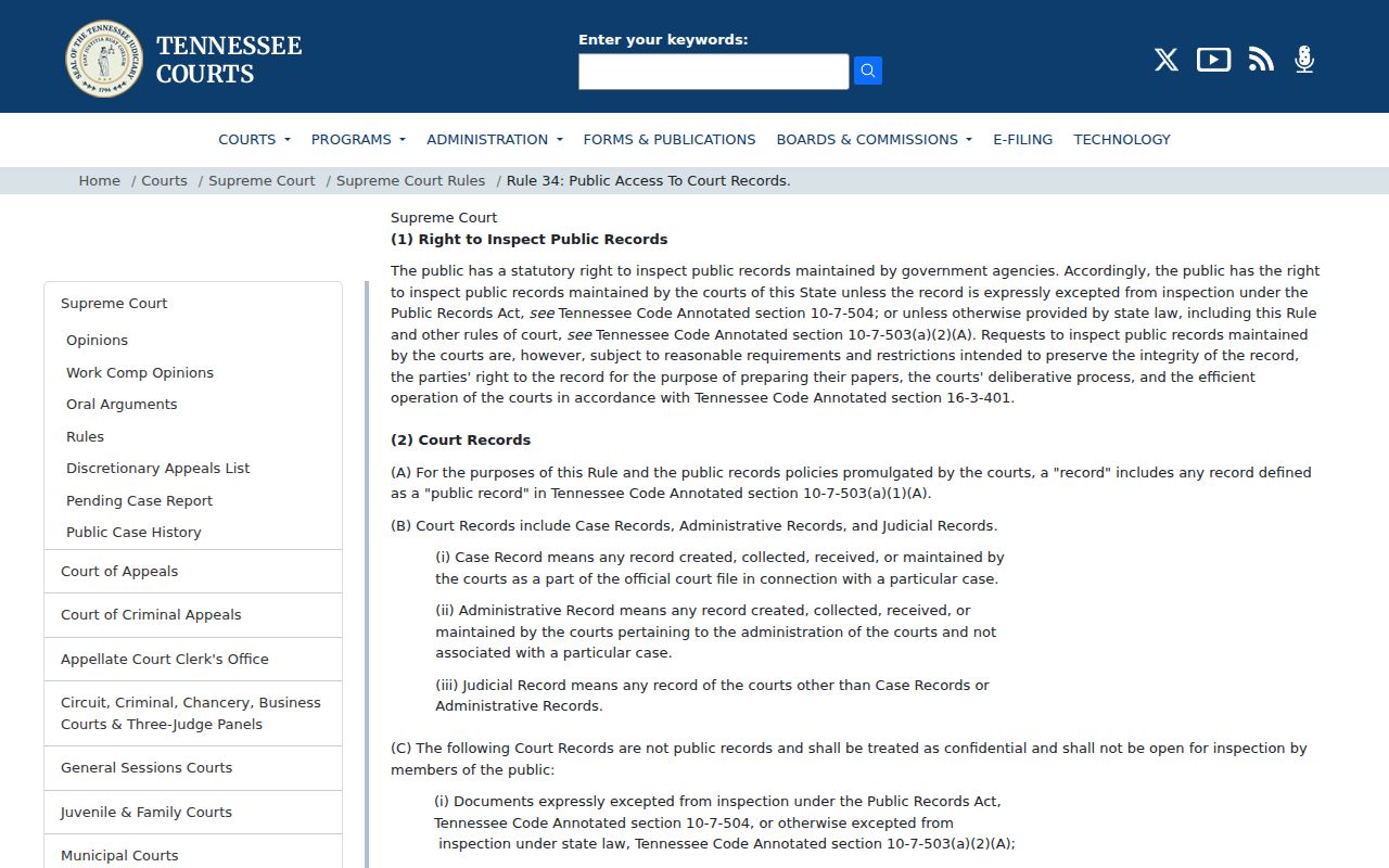 Tennessee Rule 34 public court records page
