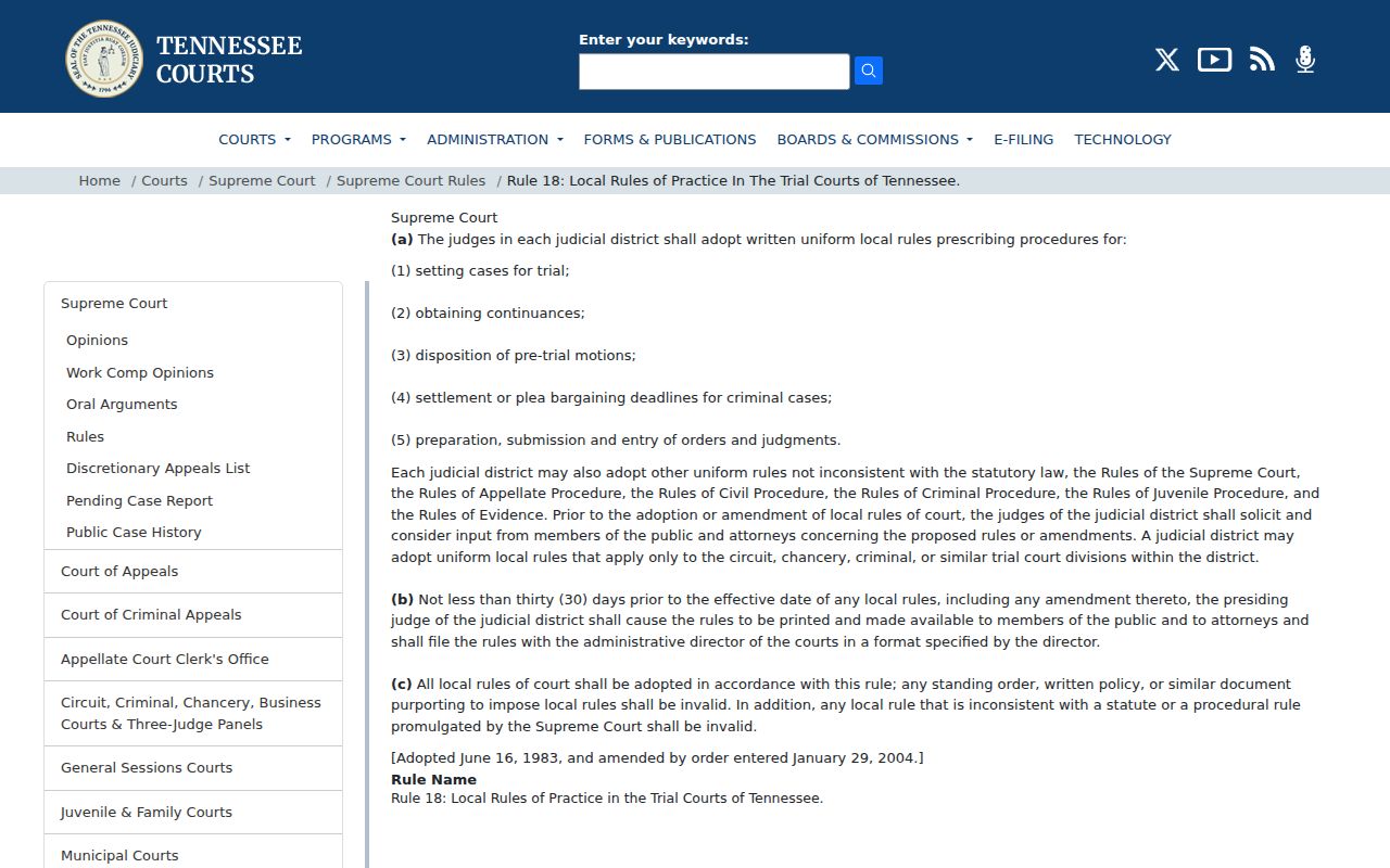 Tennessee Rule 18 local court practice page