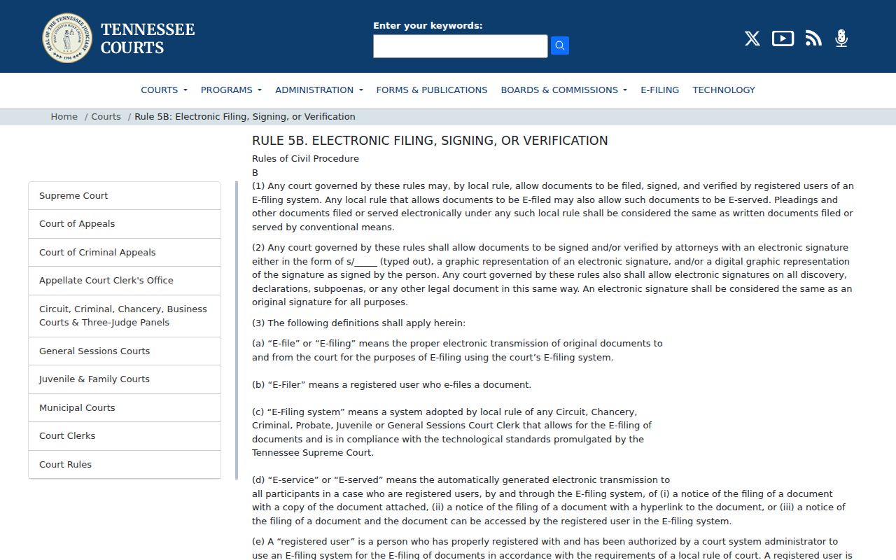 Tennessee Rule 5B electronic filing page