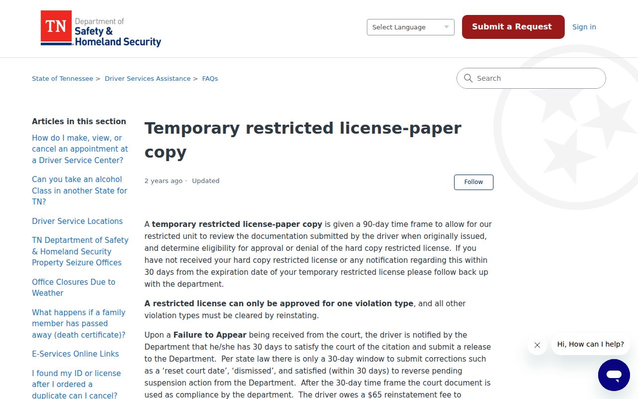 Tennessee Safety failure-to-appear and restricted-license support information